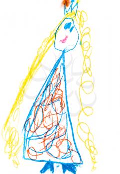 childs drawing - smiling yellow hair princess in blue dress on white