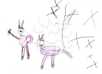 childs drawing - two abstract animals