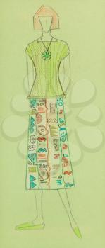 sketch of fashion model - sketch of knitted women wear - blouse and skirt with ornaments