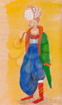 historical clothes - man in traditional Turkish dress under a stylized miniature 16th century