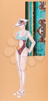 model of woman clothing - woman in swimming suit and summer hat