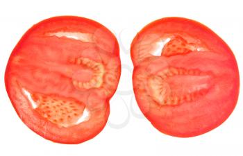 two slices red tomato isolated on white