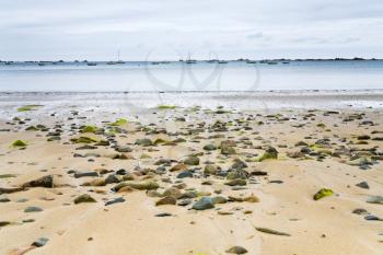sand beach with granite stones of English Channel in Brittany