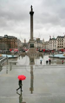 Rain in London. View on Trafalgar Square from National Gallery.