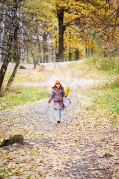 girl walks in bright yellow autumn forest