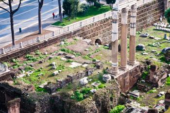 above view of columns and ruins Forum of Caesar on Capitoline Hill, Rome, Italy