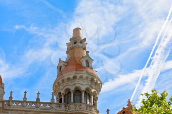 ceramic roof tower of art nouveau building in Barcelona