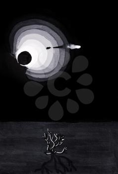 stylized drawing - white moon over black night desert