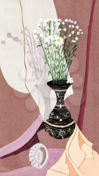 still life with small white camomiles in metal jug