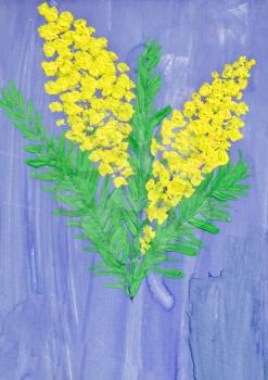 childs drawing - sprig of yellow mimosa on blue background