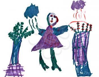 childs drawing - girl and trees under rain