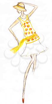 sketch of fashion model - short summer dress with belt and straw hat