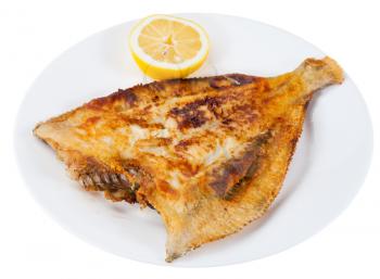 fried sole fish on white plate isolated on white background