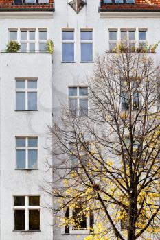 facade of apartment building and yellow linden in Berlin in autumn