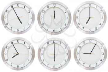 set of wall clock with working time isolated on white background