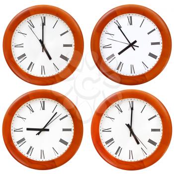 set of wooden round wall dial clock isolated on white background
