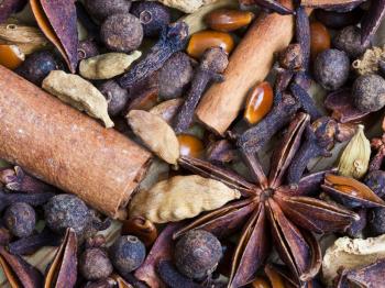 background from spices for mulled wine close up