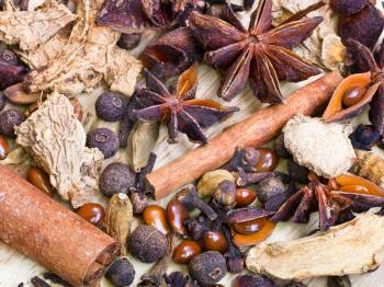 top view of different spices for mulled wine close up