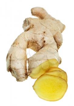 fresh sliced ginger root isolated on white background