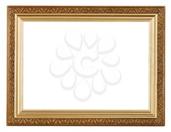 wide gold picture frame with carved pattern isolated on white background