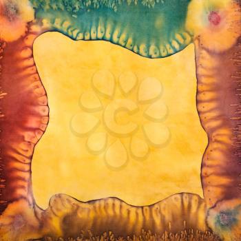 abstract yellow contour and salting pattern of painted silk batik on handmade scarf