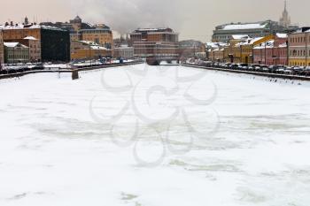 panorama of frozen river and Vodootvodny Canal in winter Moscow