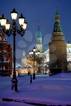 snow in Moscow - Kremlin towers in winter snowing evening