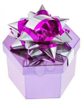shiny magenta gift box with tinsel knot isolated on white background