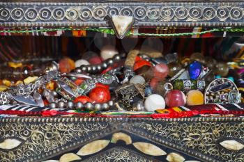 antique jewelry in ancient treasure chest close up