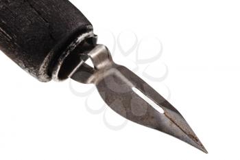 grey steel nib of drawing pen close up isolated on white background