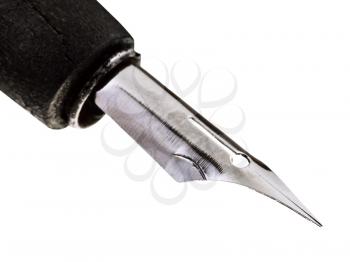 steel sharp nib of drawing pen close up isolated on white background