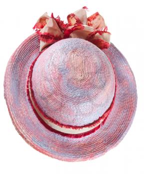 top view of painted summer straw hat isolated on white background
