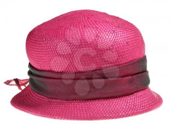 woman summer straw pink hat isolated on white background