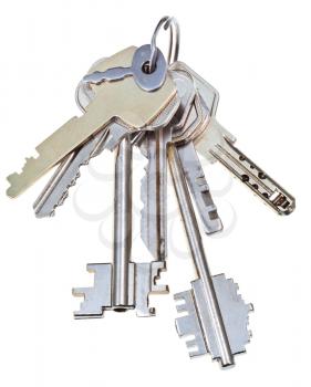 bunch of metal door keys isolated on white background