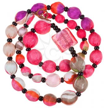 handmade pink silk and glass crystal women necklace isolated on white background