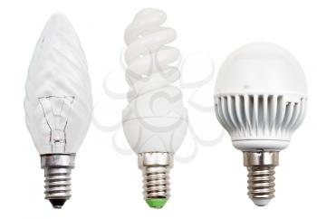 set of incandescent, compact fluorescent, LED light bulbs isolated on white background