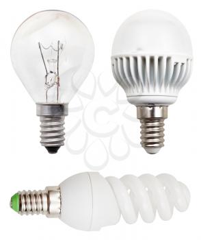 incandescent, helical fluorescent, LED light bulbs isolated on white background