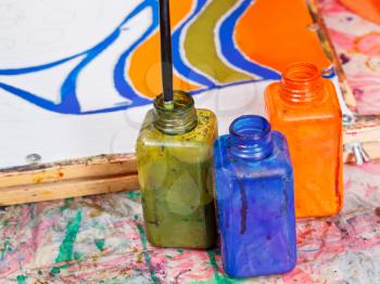 color bottles with dyes for cold batik painting