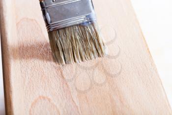 putting layer of clear varnish on beach wooden board by paint brush
