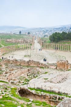 ancient roman oval forum in antique town Jerash in Jordan