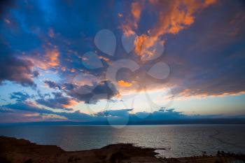 dark pink and blue sunset on Dead Sea, Jordan