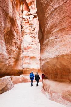 Path through the gorge Siq to antique city Petra, Jordan