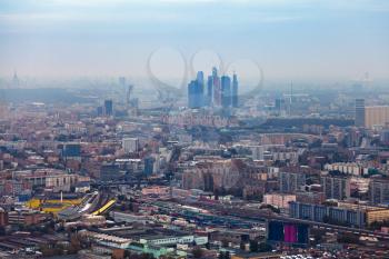view on Moscow City and cityscape in smog autumn day, Russia