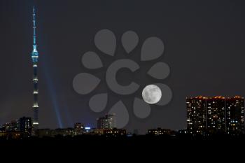 full moon under city, Ostankino television tower, Moscow