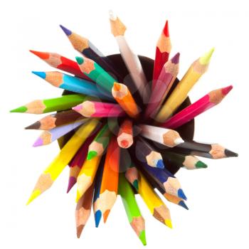 many different colored pencils with white background