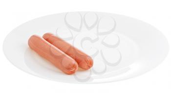 two pink sausages on white plate isolated on white background