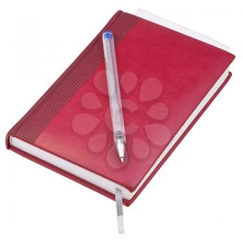 leather note book with old blue pen and paper bookmark isolated on white background