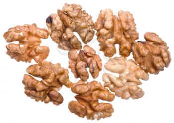 several peeled walnut kernels isolated on white background