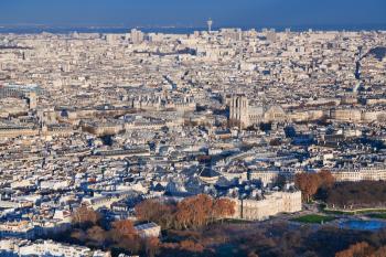 view on Luxembourg gardens and panorama of Paris in winter afternoon
