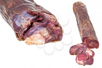 set of horse meat sausage kazy close up isolated on white background